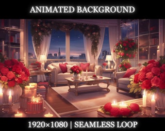 Vtuber animated background | Romantic living room with roses animated background | twitch stream overlay, Vtuber seamless looped background