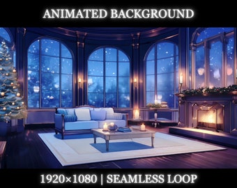 Vtuber animated background | Christmas snowy living room animated background | bedroom twitch stream overlay, seamless looped background