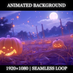 May include: Animated background with a field of glowing jack-o'-lanterns under a full moon and a starry sky. The background is a seamless loop.