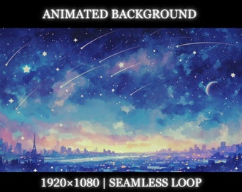 Vtuber animated background | Starry Night Over the City Background | twitch stream overlay, Vtuber seamless looped background