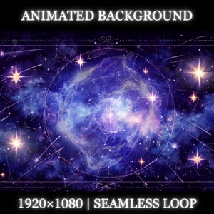 Könnte beinhalten: Animierter Hintergrund mit einem wirbelnden Nebel in Blautönen und Lila, umgeben von einer Sternkonstellation und einem zarten rosa Rahmen. Der Text "1920x1080 | NAHTLOSE SCHLEIFE" befindet sich am unteren Rand des Bildes.