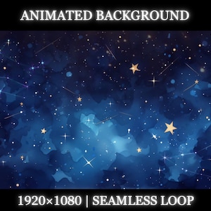 Könnte beinhalten: Animierter Hintergrund mit einem dunkelblauen Aquarellhimmel, der mit weißen und goldenen Sternen gefüllt ist. Der Hintergrund ist nahtlos und wiederholt sich.