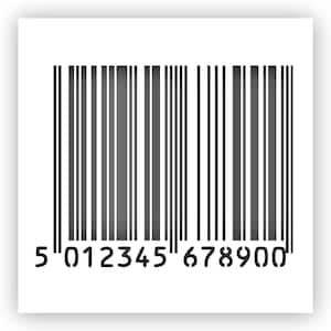 May include: A black and white barcode with the numbers 5 012345 678900 printed below.