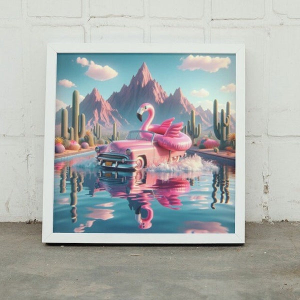 Retro Pink Cadillac and Flamingo Inflatable Digital Art - Surreal Desert Landscape