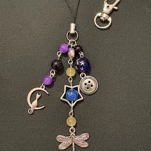 Coraline Inspired Charm – Cat Moon, Star, Dragonfly, Button Accents Keyring Gift