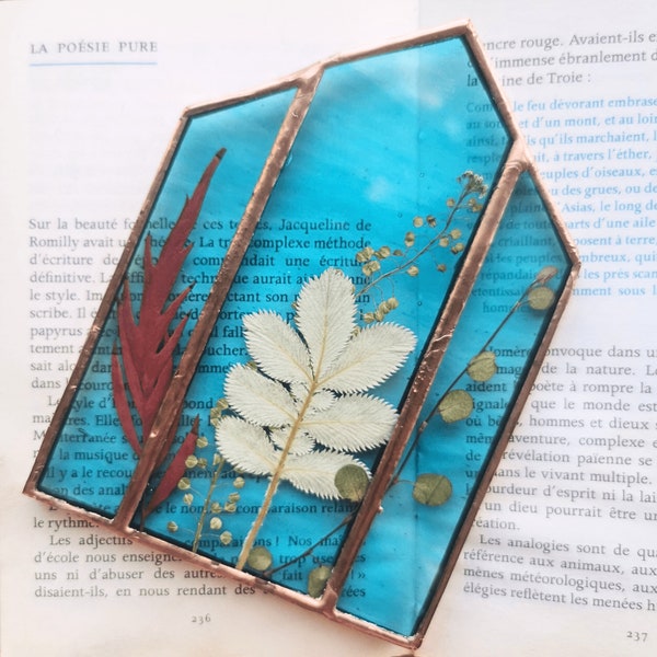 Serre miniature décorative à suspendre en verre bleu et plantes séchées. Herbier encadré.  Terrarium clos. Déco murale botanique vintage.