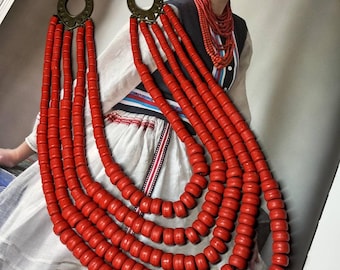 Red Ceramic Bead Necklace - Ukrainian Handmade Ethnic Jewelry