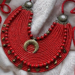 Red Ukrainian Moon Necklace Traditional Ethnic Jewelry for Women Beads Necklace Ethnic Multirow Necklace of Glass Beads Folk Art