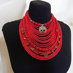 Red Ukrainian Moon Necklace Traditional Ethnic Jewelry for Women Beads Necklace Ethnic Multirow Necklace of Glass Beads Folk Art
