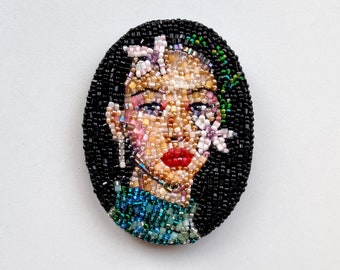 Asian Beauty Portrait Beaded Brooch