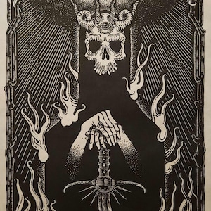 Linocut print &quot;The Lich&quot; hand carved hand printed undead wizard, fantasy, folklore, nature art, dark art, gothic art, witchcraft art print