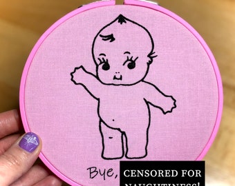 Sweary Waving Kewpie Hand-Embroidered Hoop Art in Sugary Sweet Pink; embroidery wall decor, great humorous gift, snarky art