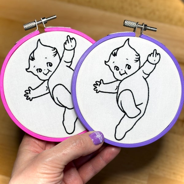 Your Choice! Rude Kewpie Baby Hand-Embroidered Hoop Art in Spicy Pink or Purple Perfection; embroidery wall decor, perfect gift for a bff