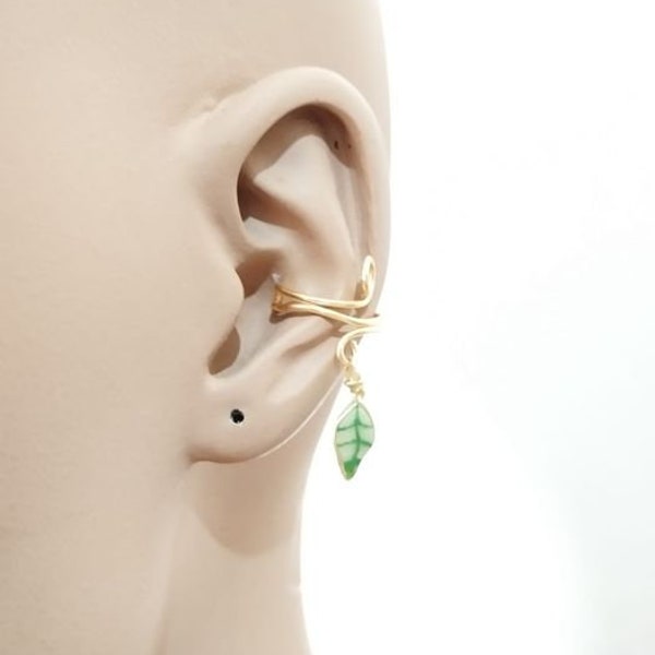 Tiny green leaf dangle ear cuff.