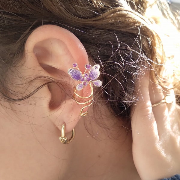 Lilac butterfly clip on ear cuff.