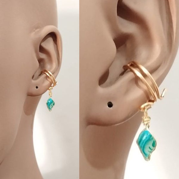 Tiny dangle turquoise leaf ear cuff.