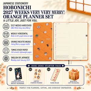 Op de afbeelding: Een Hobonichi 2027 Weeks Very Very Merry oranje planner-set met een hardcover planner met kleine motieven, een open weekindeling en een Doki Doki starterspakket inclusief een magnetische bladwijzer, stickers, een papieren liniaal en cadeauverpakking.