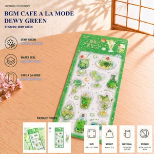 Peut inclure: Une planche d'autocollants BGM Cafe A La Mode Dewy Green présentant diverses illustrations de boissons, desserts et verrerie dans les tons verts. La carte de support rectangulaire verte affiche plusieurs motifs découpés avec des paillettes.