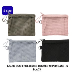 May include: Four small, mesh polyester zipper cases in olive green, pink, light grey, and black. Each case has a zipper closure, a small metal ring, and a drawstring. The text "S size" is in a blue square. The text "MUJIN RUSHI POLYESTER DOUBLE ZIPPER CASE - S BLACK" is at the bottom.