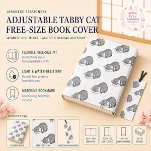 Pode incluir: Uma capa de livro ajustável com fundo branco e um padrão repetitivo de gatos tigrados cinzentos a dormir. O conjunto inclui um marcador retangular a condizer. As dimensões são 420 x 360 mm aberta e 200 x 150 mm dobrada.