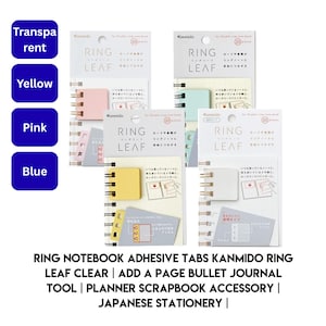 May include: Four packages of Kanmido Ring Leaf adhesive tabs for double ring notebooks. Each package contains 20 pieces in transparent, yellow, pink, or blue. The packaging features the text Ring Leaf, Japanese characters, and diagrams showing how to attach the tabs to notebook rings.