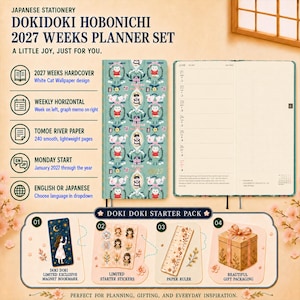 Peut inclure: Un ensemble de planificateur Dokidoki Hobonichi 2027 Weeks avec une couverture rigide au motif de papier peint chat blanc, une mise en page hebdomadaire horizontale et du papier Tomoe River. Inclut un marque-page aimanté, des autocollants et une règle.