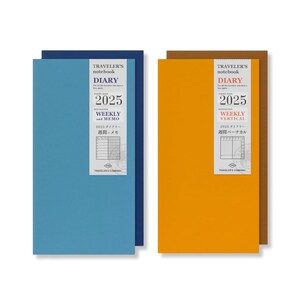 68 Seiten x 2 Blöcke - Traveler&#39;s Notebook 2025 - Normale Größe - Terminplaner - Wochenkalender - Blau & Oranger Slim Planner