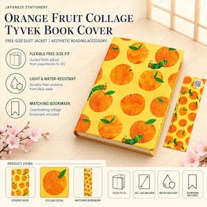 Peut inclure: Une couverture de livre en Tyvek jaune avec un motif de collage d'oranges et une petite chenille verte. L'ensemble comprend un marque-page assorti. Le texte sur la couverture indique Orange Fruit Collage Tyvek Book Cover, avec des détails.
