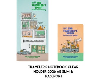 May include: Two notebooks with the text "We are THE TRAVELER'S SPIRIT Preservation Society." The larger notebook is light blue with illustrations of a building and a truck. The smaller notebook is orange with a truck illustration.