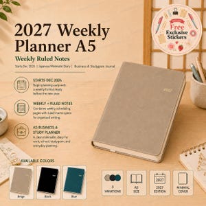 May include: A beige A5 weekly planner with the year 2027 embossed on the cover. The planner features a clean design, includes ruled notes, and is part of a collection that offers three colour variations: beige, black, and blue. Includes free stickers.
