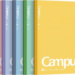 May include: A stack of five colorful Campus B notebooks. The notebooks are in shades of pink, purple, blue, green, and yellow. Each notebook has the word "Campus" printed vertically in white, along with other Japanese text. The yellow notebook is the largest and has "Campus" printed in large white letters.