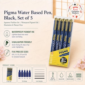 Sakura Pigma Micron svart fineliner, set med 5 | Japanskt brevpapper | Vattentäta ritpennor | Bullet Journal och planeringstillbehör