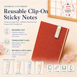 May include: Reusable clip-on sticky notes featuring translucent page flags and a refillable notebook clip. The product is shown attached to a red notebook. Text includes Japanese Stationery, Reusable Clip-On Sticky Notes, and 6 x 42 mm.