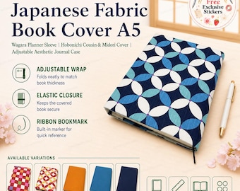 Japanese Fabric Book Cover A5 | Wagara Planner Sleeve | Hobonichi Cousin & Midori Cover | Adjustable Aesthetic Journal Case