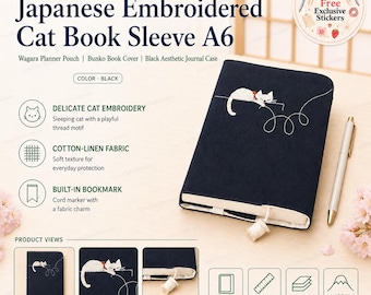 Japanese Embroidered Cat Book Sleeve A6 | Wagara Planner Pouch | Bunko Book Cover | Black Aesthetic Journal Case