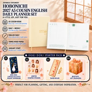 Peut inclure: Un ensemble d'agenda quotidien Hobonichi 2027 A5 Cousin en anglais comprenant un livre crème, un agenda ouvert avec des pages quadrillées et un pack de démarrage Doki Doki avec marque-page aimanté, autocollants, règle et emballage cadeau.