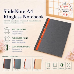May include: A SlideNote A4 ringless notebook with a dark grey cover and an orange slide-frame binding. The notebook features punchless filing for loose sheets, a 360-degree fold-open design, and is available in four colours including dark grey, blue-grey, white, and light brown.