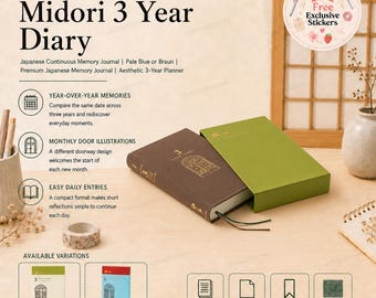 Midori 3 Year Diary | Japanese Continuous Memory Journal | Pale Blue or Braun | Premium Japanese Memory Journal | Aesthetic 3-Year Planner