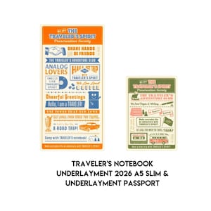 May include: Two rectangular Traveler's Notebook underlayments. The larger one is orange and blue, with text including "Traveler's Spirit" and "A Road Trip!". The smaller one is green and pink, with similar text. The text at the bottom reads "Traveler's Notebook Underlayment 2026 A5 Slim & Underlayment Passport."