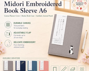 Midori Embroidered Book Sleeve A6 | Canvas Planner Cover | Bunko Book Case | Aesthetic Journal Pouch