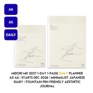 May include: Two off-white Midori MD 2027 planners in A6 and A5 sizes. Each cover features a line drawing of a hand writing 2027, the text MD PRODUCT, and Japanese characters. Three blue square icons labeled A6, A5, and DAILY are at the top.
