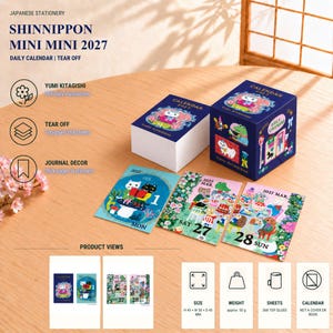 Puede incluir: Un calendario diario desprendible Shinnippon Mini Mini 2027 con ilustraciones de Yumi Kitagishi. Incluye una caja azul, un bloque de 368 hojas pegadas por la parte superior y páginas individuales para febrero y marzo. Dimensiones 45 x 30 x 45 mm.