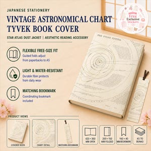 May include: A cream-coloured Tyvek book cover featuring a vintage astronomical chart of the solar system, accompanied by a matching bookmark. The cover includes text labels for product features and dimensions of 420 x 360 mm open and 200 x 150 mm folded.