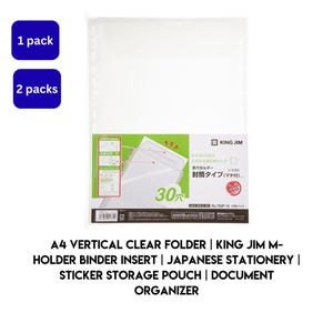 May include: A clear A4 vertical plastic folder by King Jim with a 30-hole punched edge for binder insertion. The packaging features green and white text, a product diagram, and the brand name King Jim. It is designed for document storage.