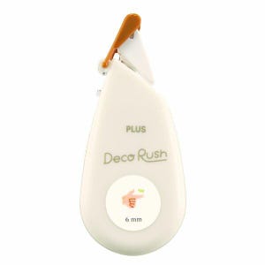 May include: White tape dispenser with a brown top. The dispenser is labelled "PLUS Deco Rush" and has a 6 mm tape width.