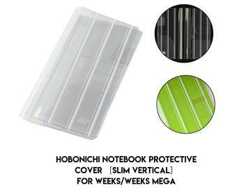 May include: A transparent protective cover for a Hobonichi notebook with vertical stripes. Designed for Weeks/Weeks Mega notebooks. The image includes a close-up of the notebook's interior and the year 2023.