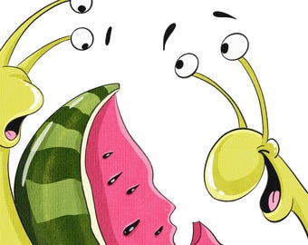 Watermelon Snail Illustration, Kids Room Wall Art (PNG clip art)