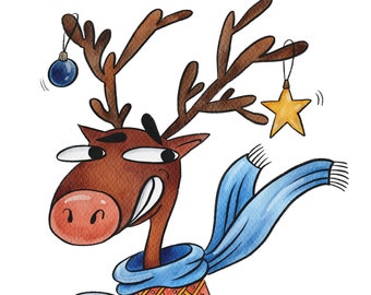 Winter deer in a sweater with a cup of coffee. Clip Art, scrapbooking, digital download