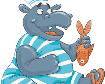 Adorable Sailor Hippo Illustration with Goldfish, PNG, clip art