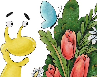 Flower Pot Snail with Tulips and Camomiles: Instant PNG Download